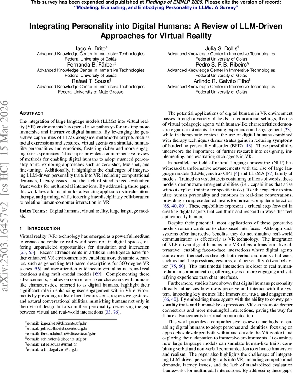 Integrating Personality into Digital Humans: A Review of LLM-Driven Approaches for Virtual Reality