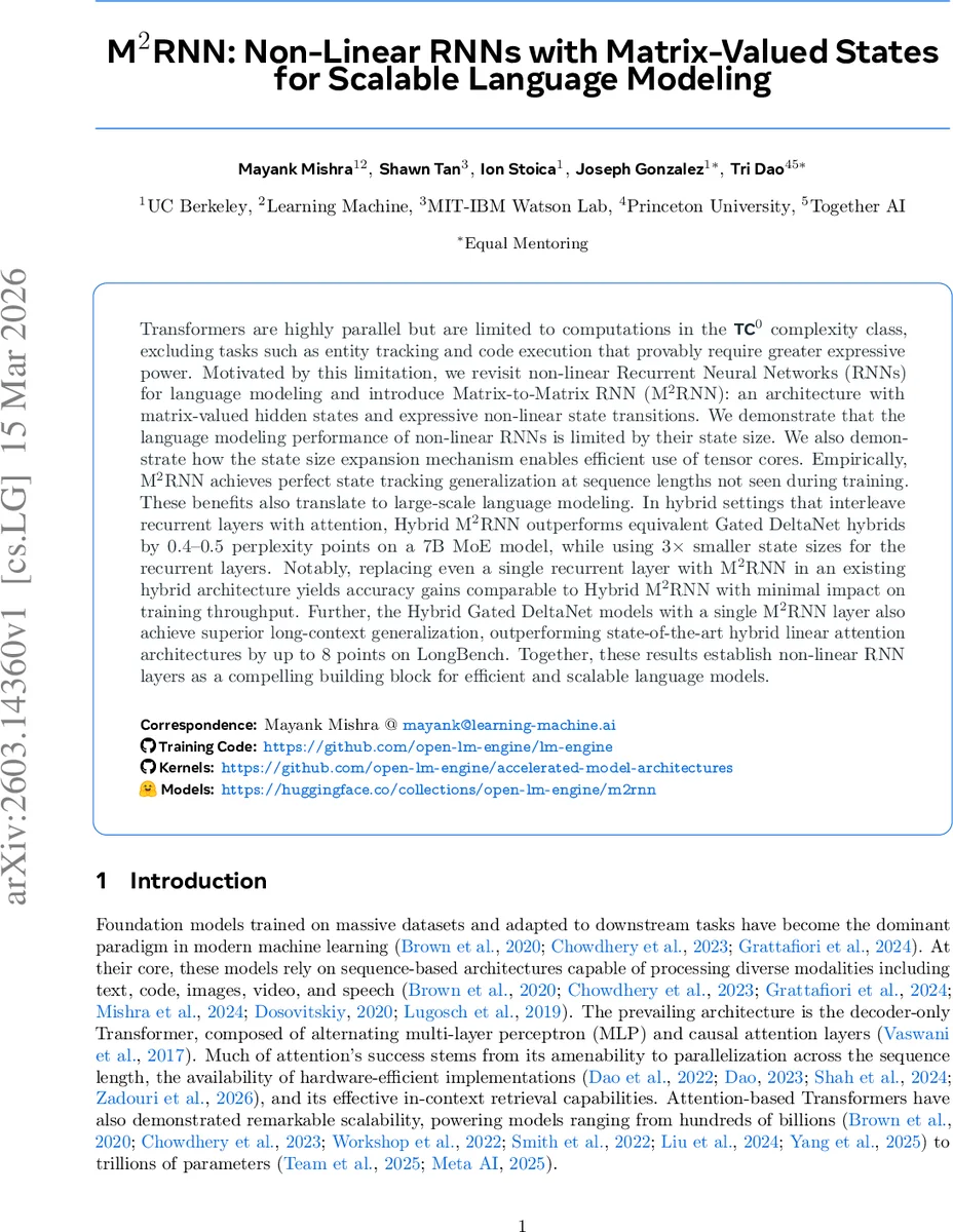 M$^2$RNN: Non-Linear RNNs with Matrix-Valued States for Scalable Language Modeling