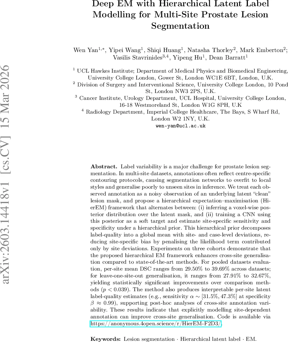 Deep EM with Hierarchical Latent Label Modelling for Multi-Site Prostate Lesion Segmentation