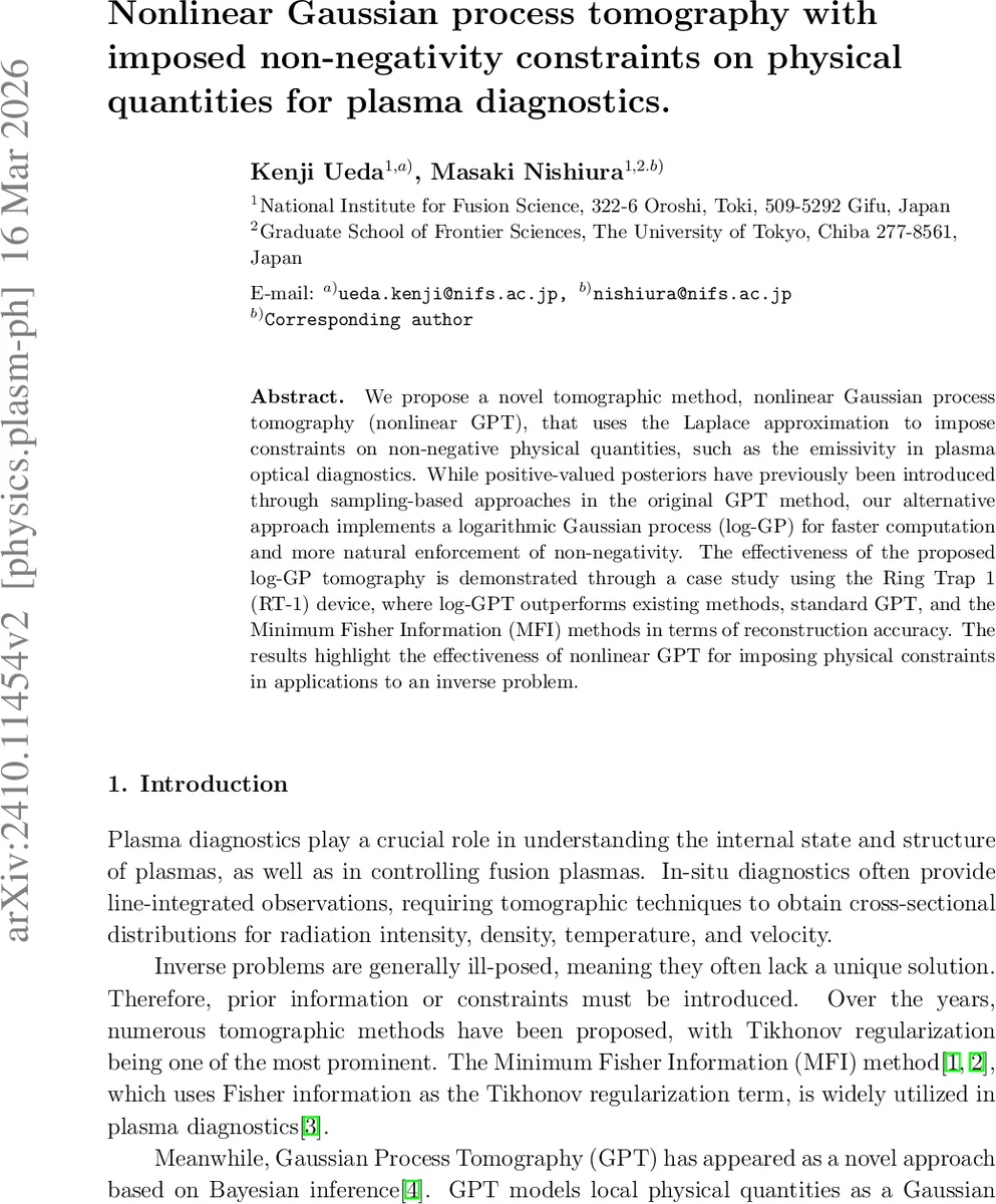 Nonlinear Gaussian process tomography with imposed non-negativity constraints on physical quantities for plasma diagnostics