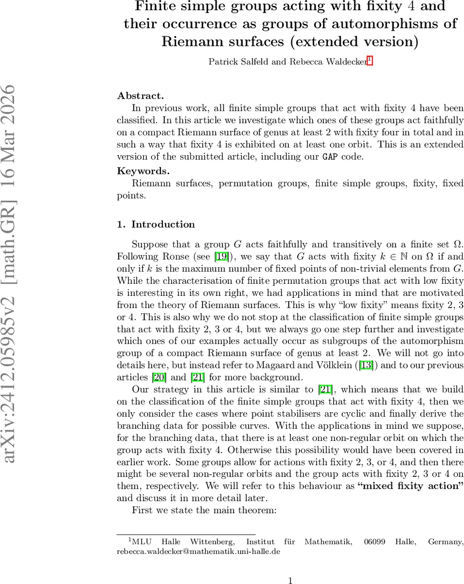 Finite simple groups acting with fixity 4 and their occurrence as groups of automorphisms of Riemann surfaces (extended version)