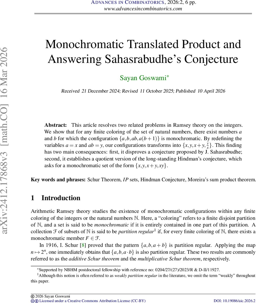 Monochromatic Translated Product and Answering Sahasrabudhe's Conjecture