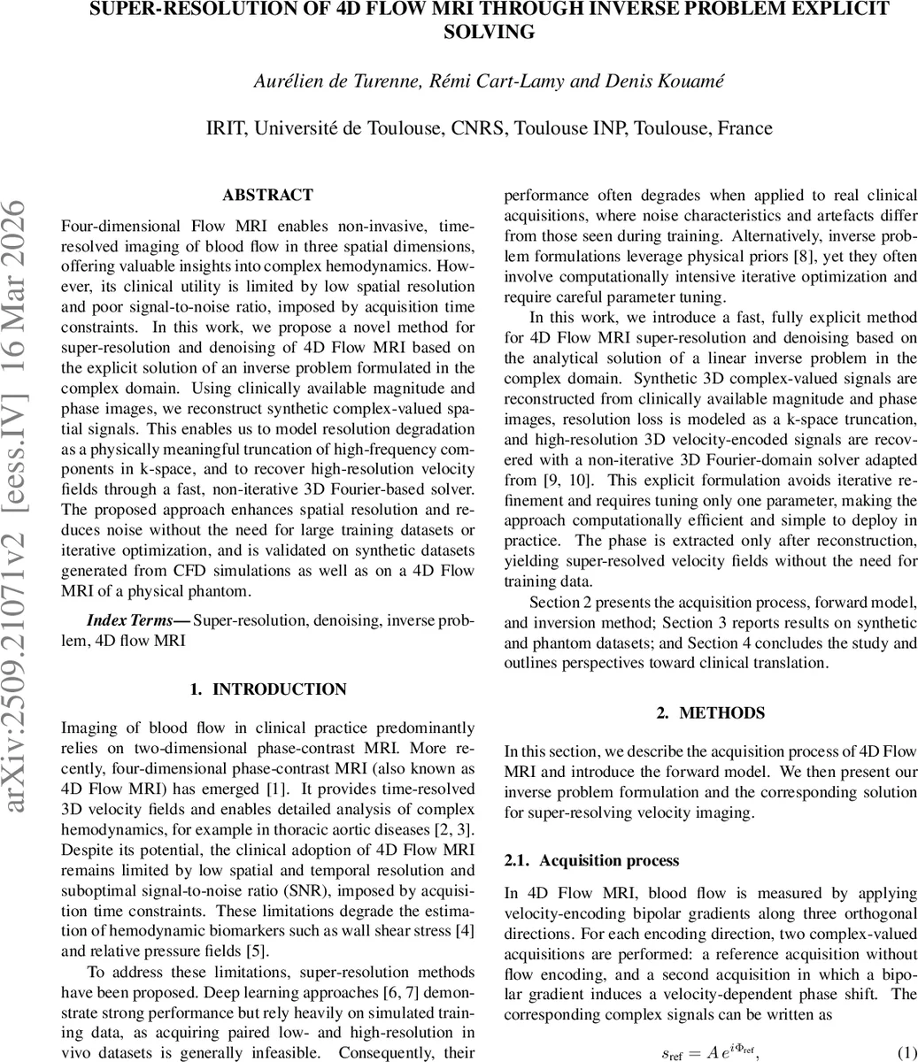 Super-resolution of 4D flow MRI through inverse problem explicit solving