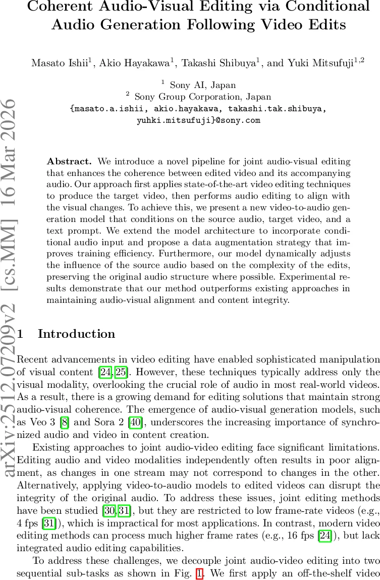 Coherent Audio-Visual Editing via Conditional Audio Generation Following Video Edits