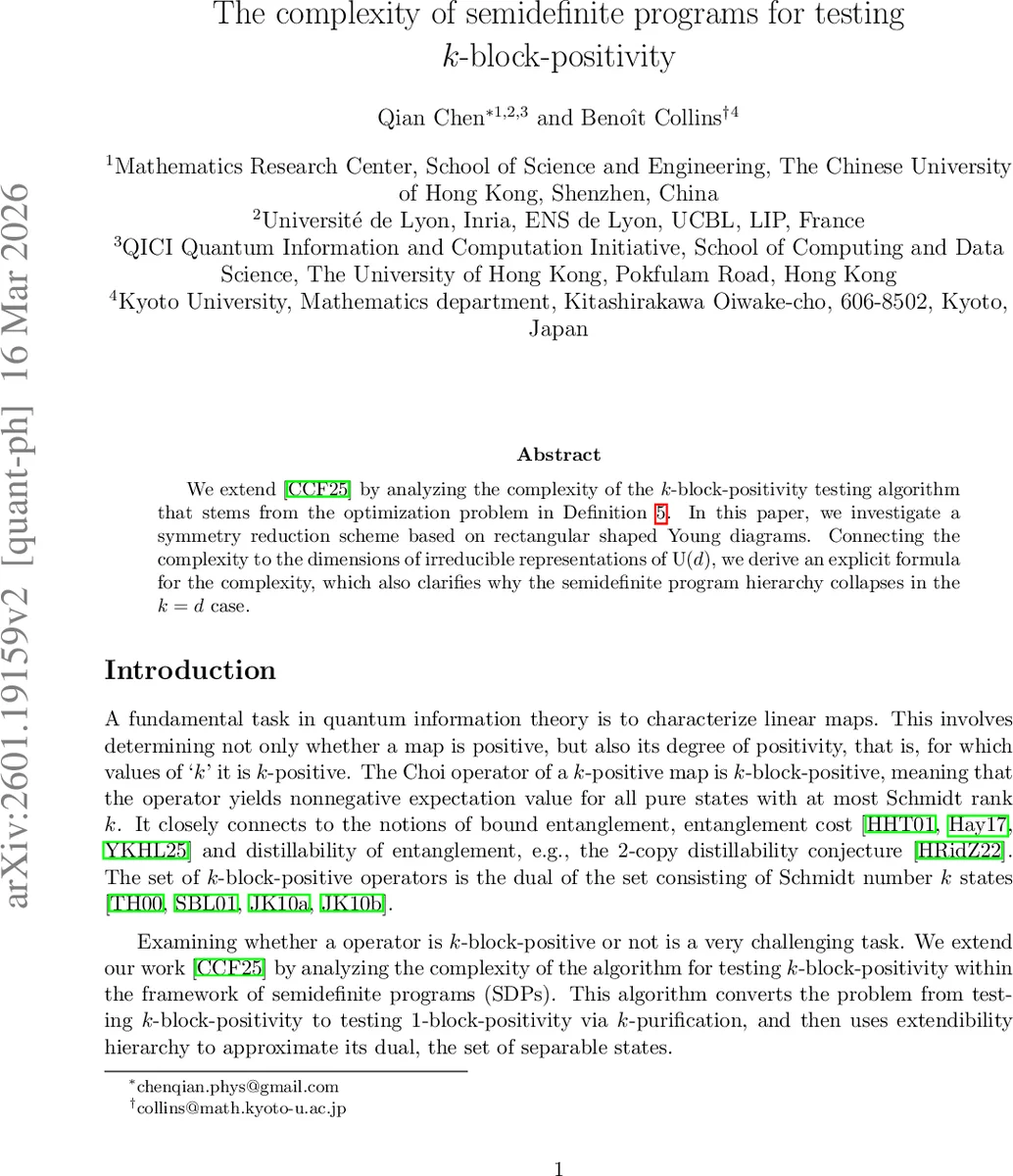 The complexity of semidefinite programs for testing $k$-block-positivity