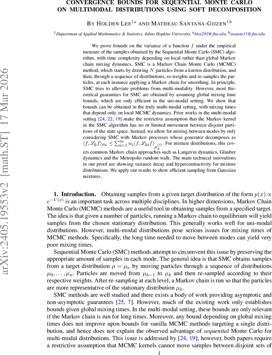 Convergence Bounds for Sequential Monte Carlo on Multimodal Distributions using Soft Decomposition