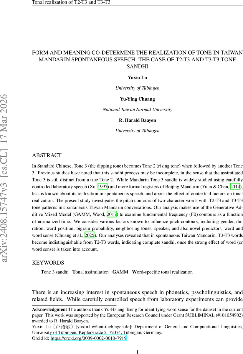Form and meaning co-determine the realization of tone in Taiwan Mandarin spontaneous speech: the case of T2-T3 and T3-T3 tone sandhi