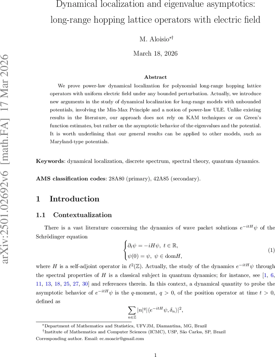 Dynamical localization and eigenvalue asymptotics: long-range hopping lattice operators with electric field