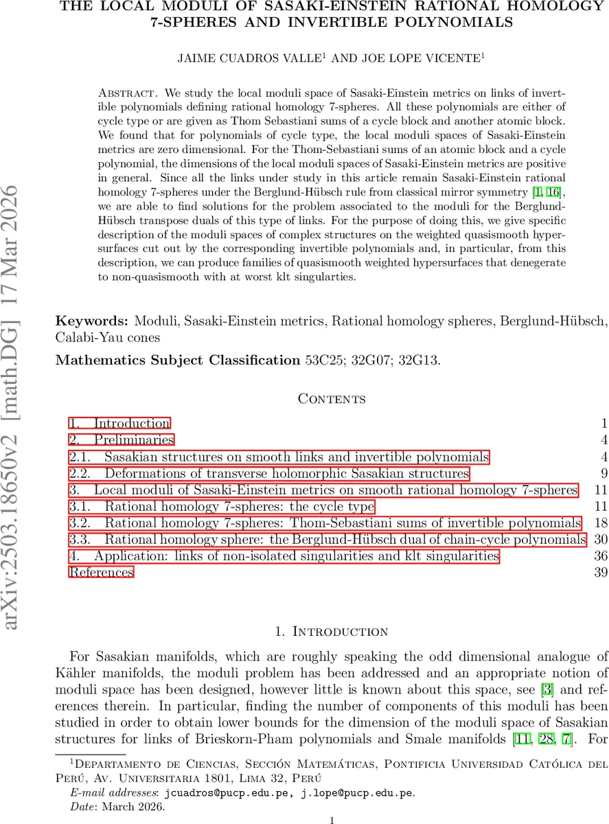 The local moduli of Sasaki-Einstein rational homology 7-spheres and invertible polynomials
