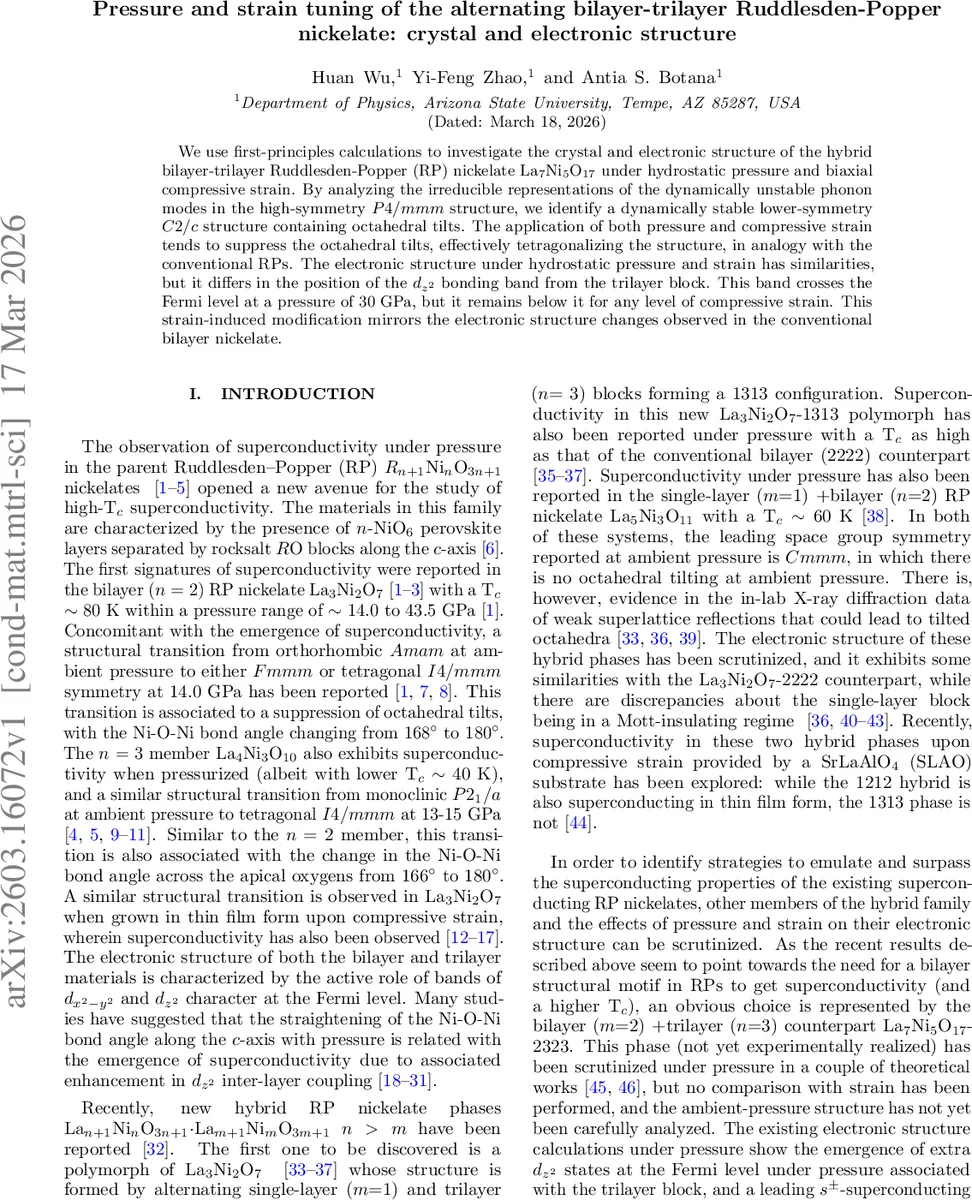 Pressure and strain tuning of the alternating bilayer-trilayer Ruddlesden-Popper nickelate: crystal and electronic structure