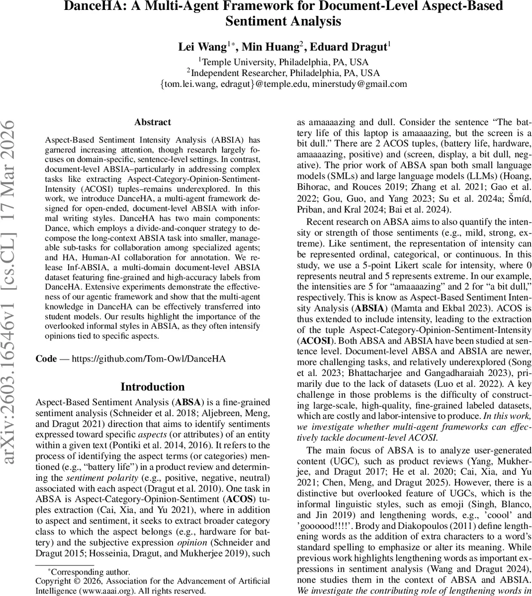 DanceHA: A Multi-Agent Framework for Document-Level Aspect-Based Sentiment Analysis