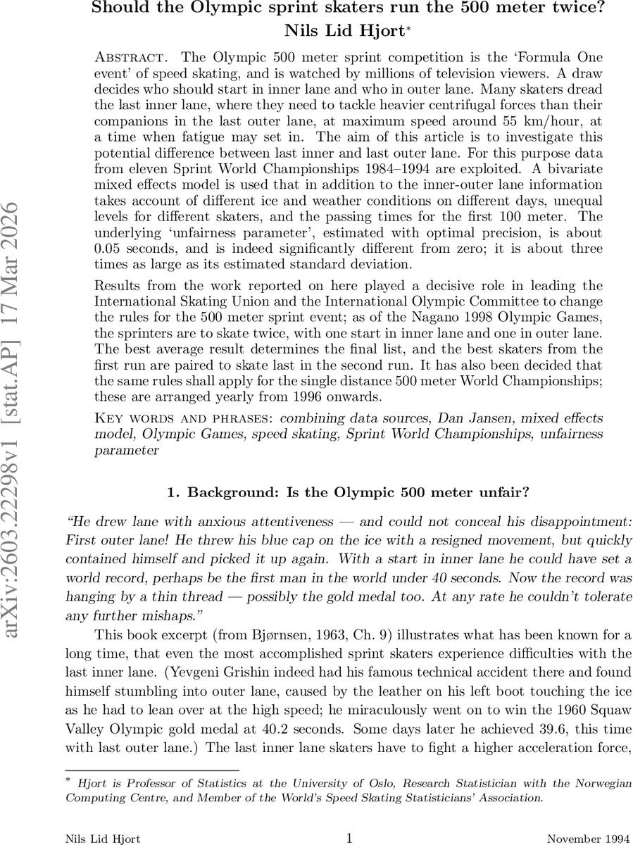 Should the Olympic sprint skaters run the 500 meter twice?