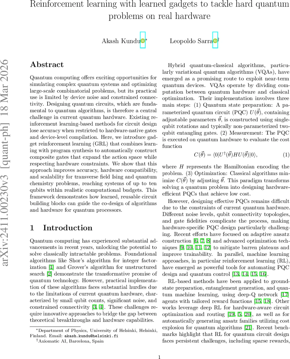 Reinforcement learning with learned gadgets to tackle hard quantum problems on real hardware