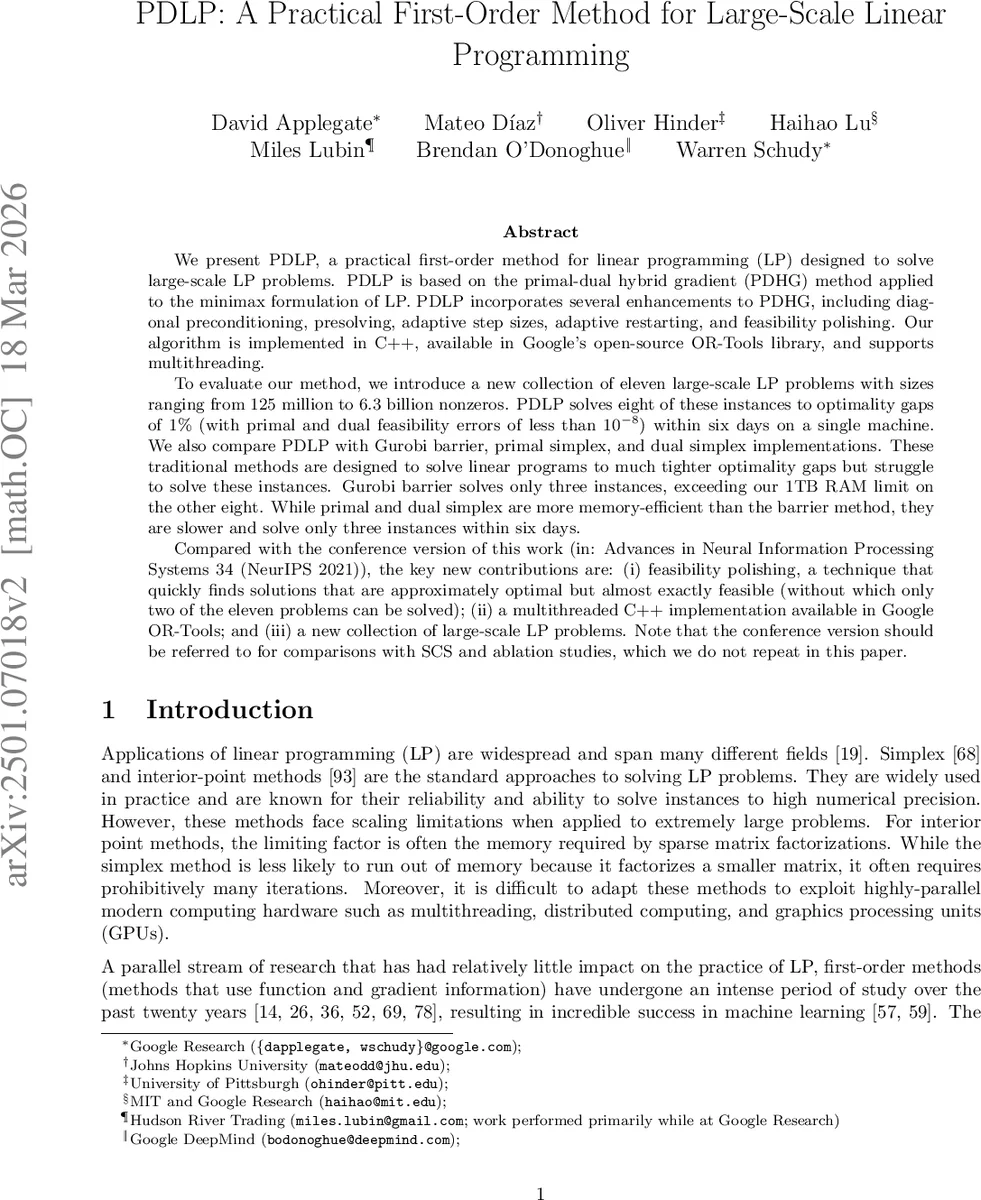 PDLP: A Practical First-Order Method for Large-Scale Linear Programming