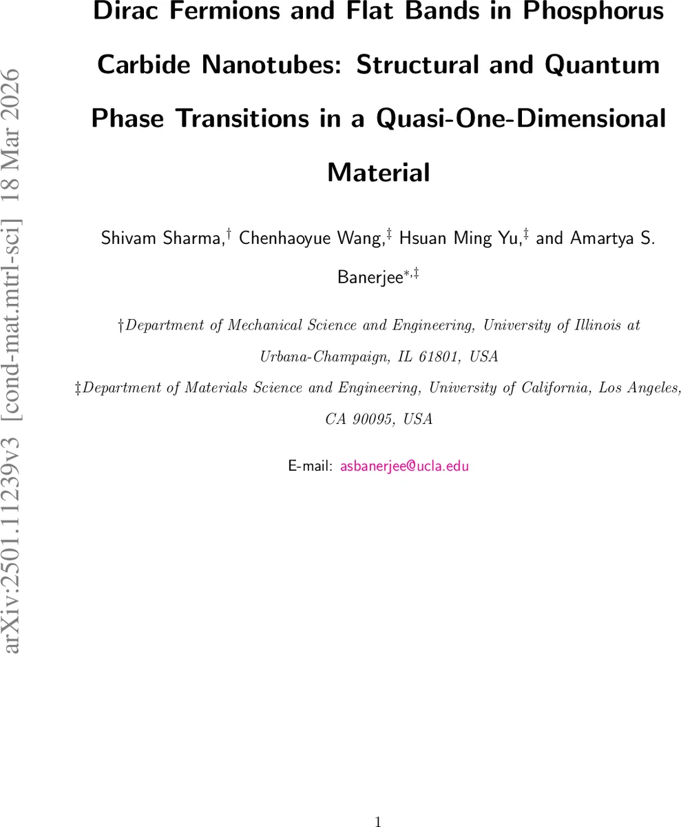 Dirac Fermions and Flat Bands in Phosphorus Carbide Nanotubes: Structural and Quantum Phase Transitions in a Quasi-One-Dimensional Material