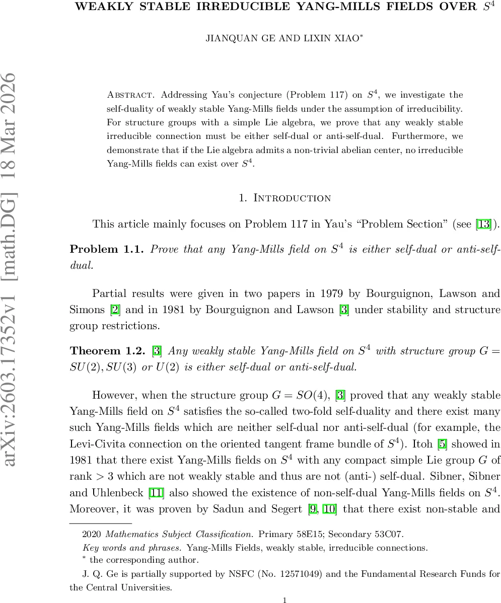Weakly stable irreducible Yang-Mills fields over $S^4$