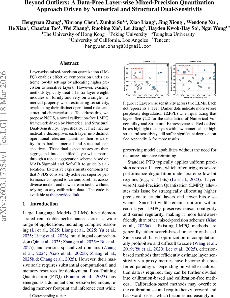 Beyond Outliers: A Data-Free Layer-wise Mixed-Precision Quantization Approach Driven by Numerical and Structural Dual-Sensitivity