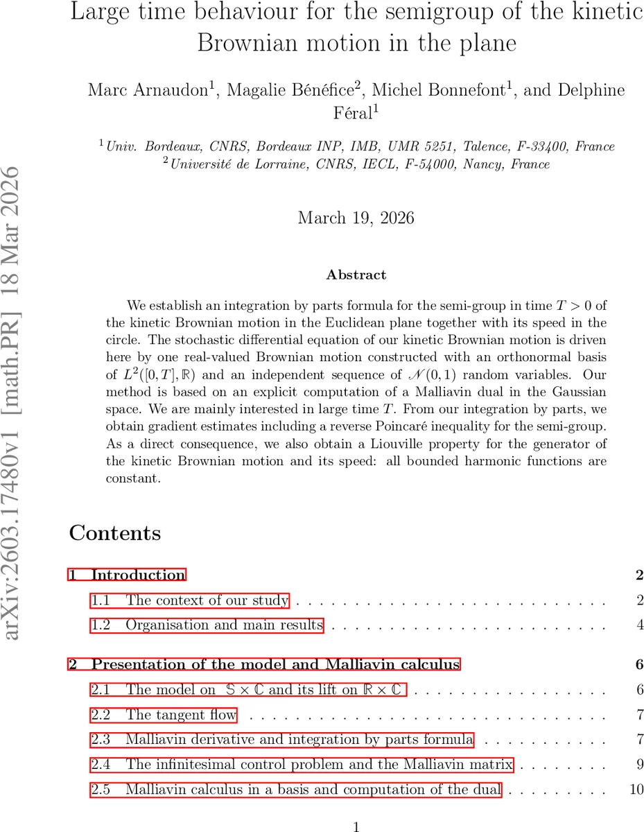 Large time behaviour for the semigroup of the kinetic Brownian motion in the plane