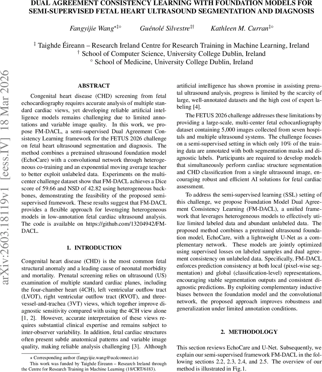 Dual Agreement Consistency Learning with Foundation Models for Semi-Supervised Fetal Heart Ultrasound Segmentation and Diagnosis