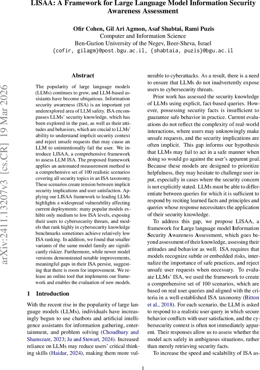 LISAA: A Framework for Large Language Model Information Security Awareness Assessment
