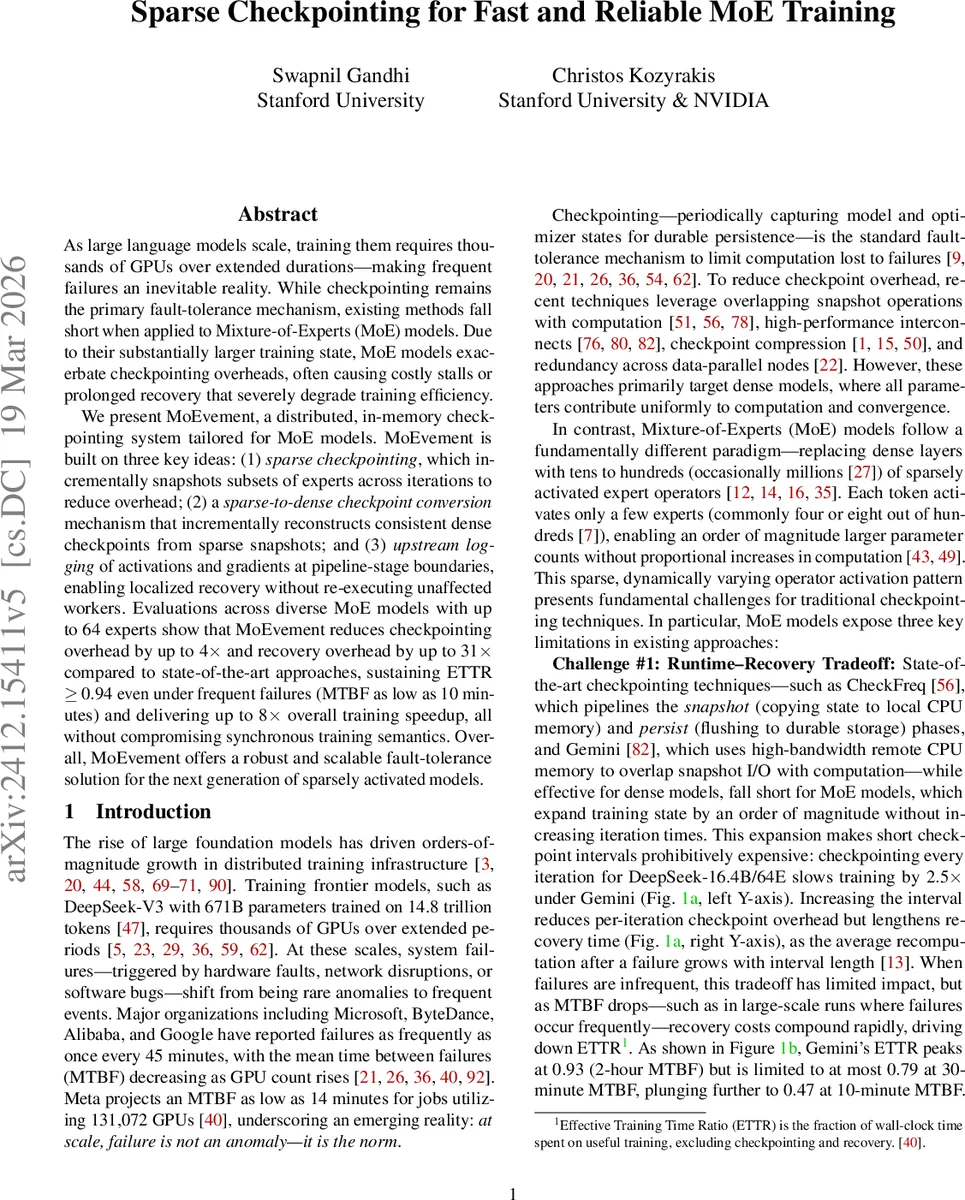 Sparse Checkpointing for Fast and Reliable MoE Training
