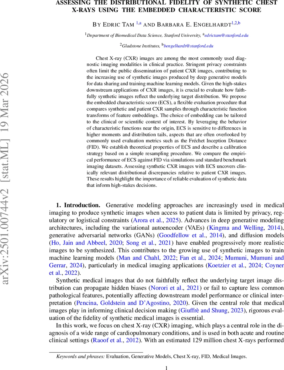 Assessing the Distributional Fidelity of Synthetic Chest X-rays using the Embedded Characteristic Score