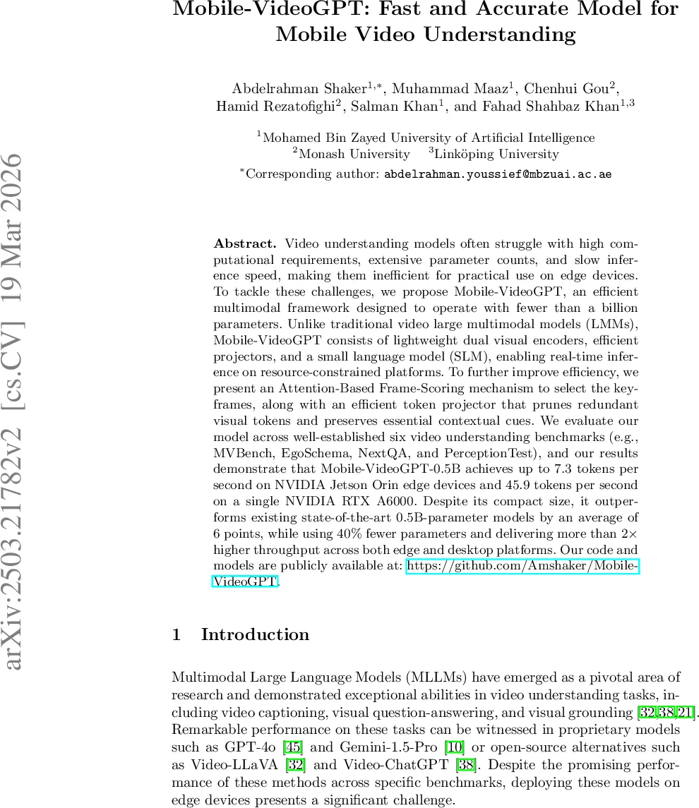 Mobile-VideoGPT: Fast and Accurate Model for Mobile Video Understanding