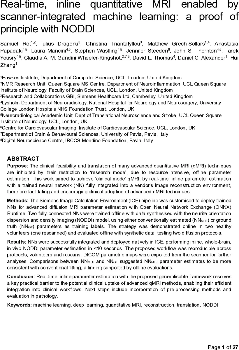 Real-time, inline quantitative MRI enabled by scanner-integrated machine learning: a proof of principle with NODDI
