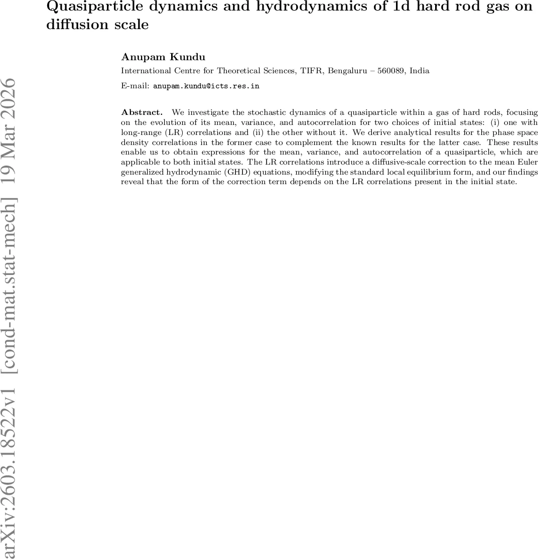 Quasiparticle dynamics and hydrodynamics of 1d hard rod gas on diffusion scale