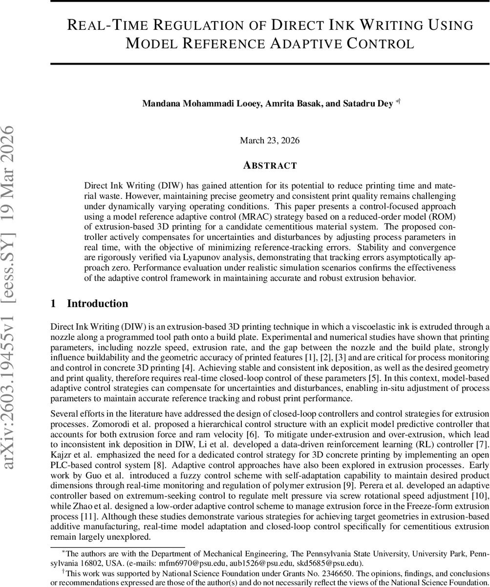 Real-Time Regulation of Direct Ink Writing Using Model Reference Adaptive Control