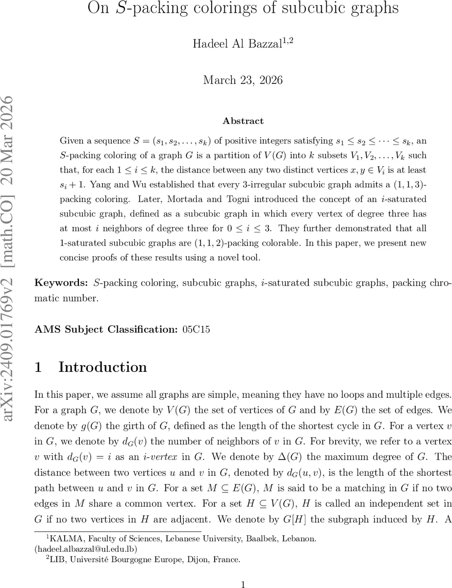 On S-Packing Coloring of Subcubic Graphs