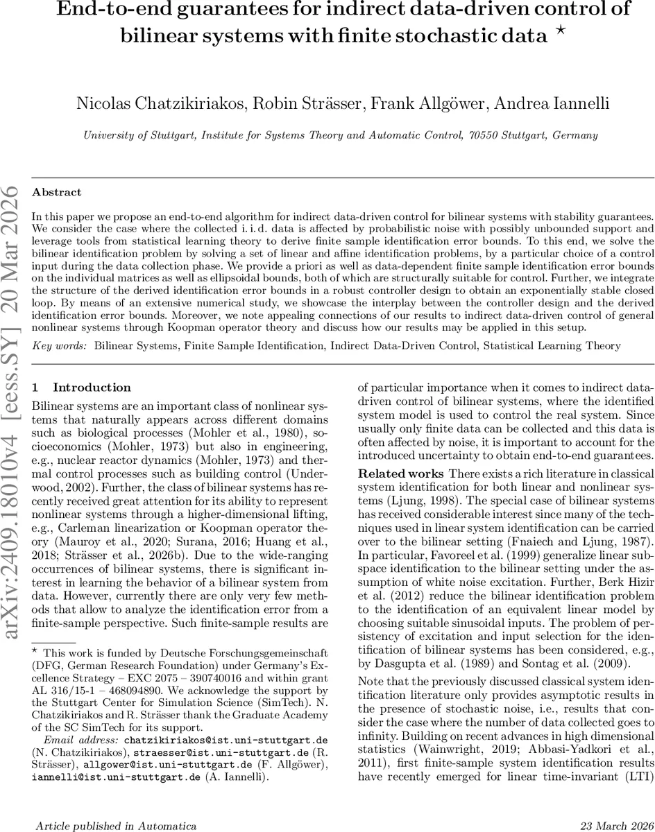 End-to-end guarantees for indirect data-driven control of bilinear systems with finite stochastic data