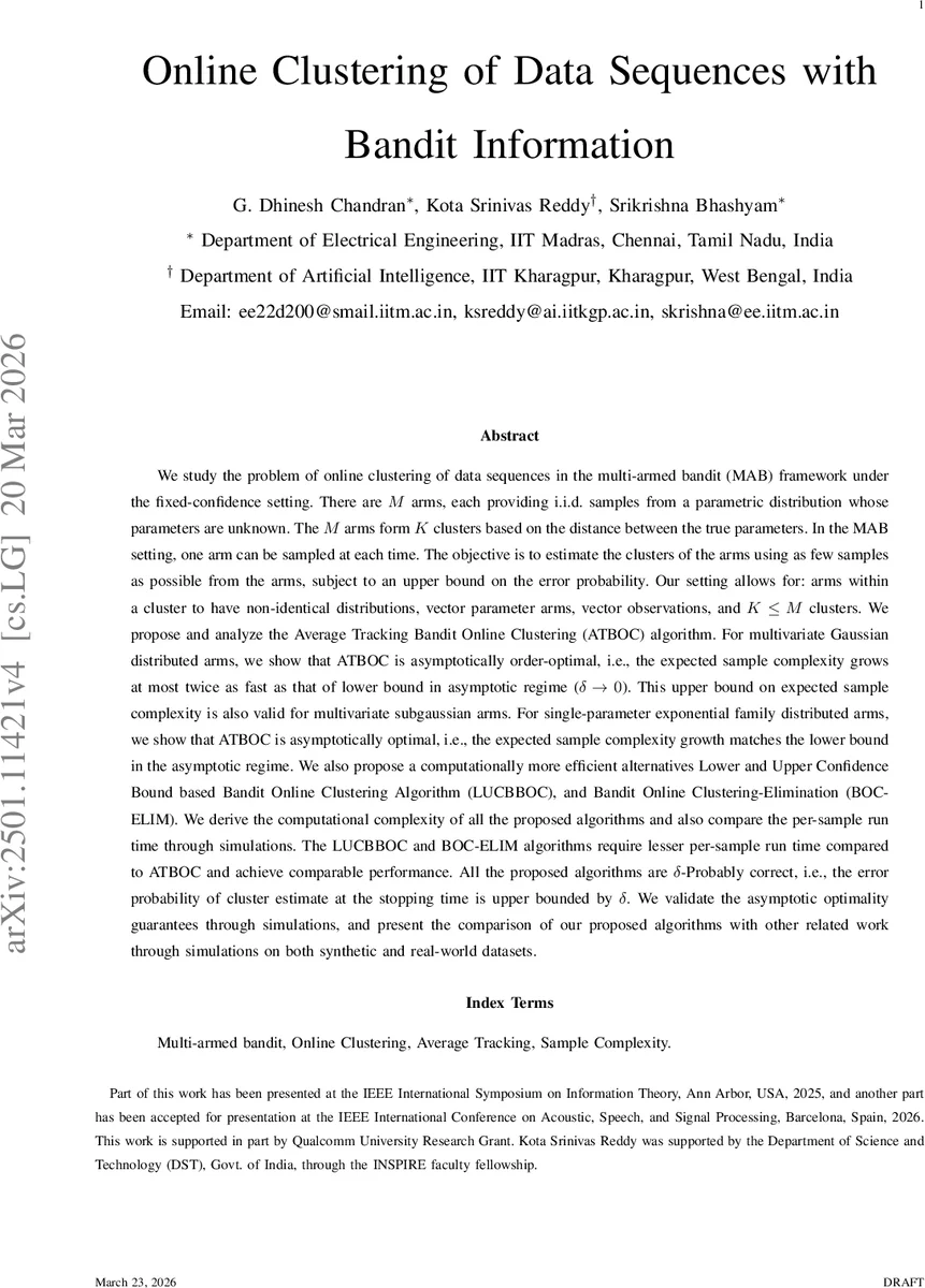 Online Clustering of Data Sequences with Bandit Information