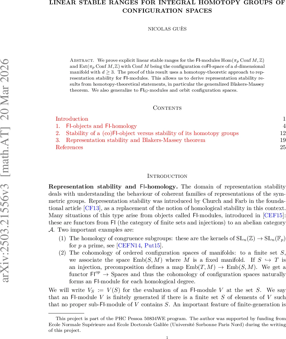 Linear stable ranges for integral homotopy groups of configuration spaces