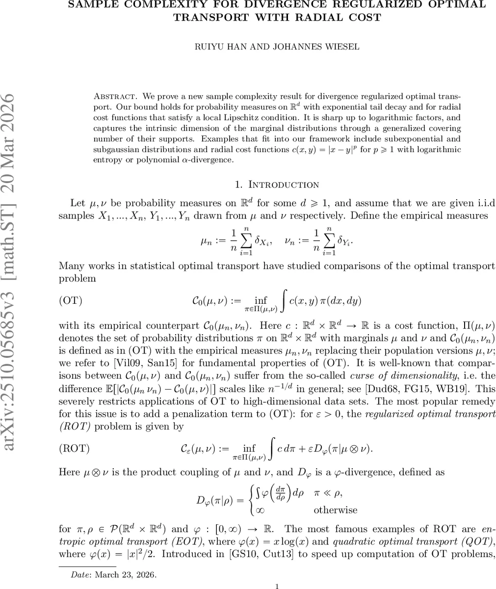 Sample complexity for divergence regularized optimal transport with radial cost