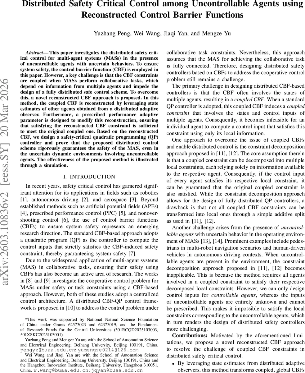Distributed Safety Critical Control among Uncontrollable Agents using Reconstructed Control Barrier Functions