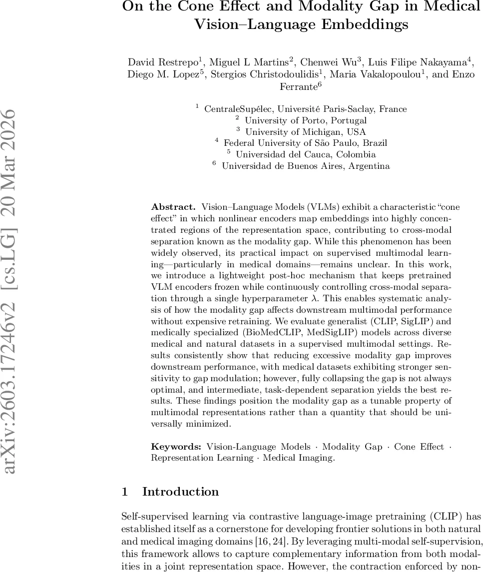 On the Cone Effect and Modality Gap in Medical Vision-Language Embeddings