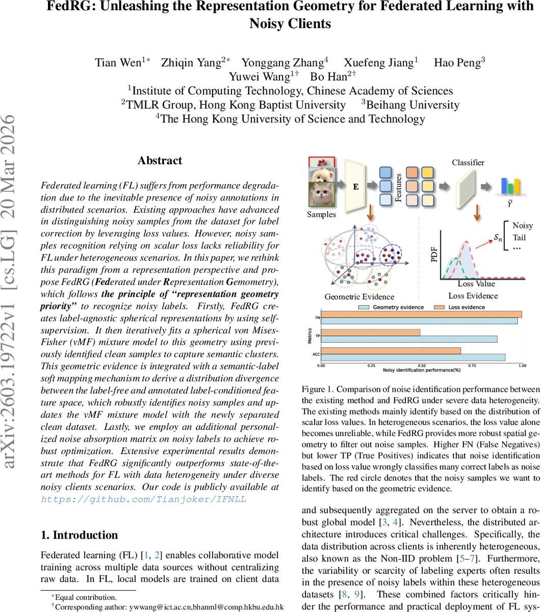 FedRG: Unleashing the Representation Geometry for Federated Learning with Noisy Clients