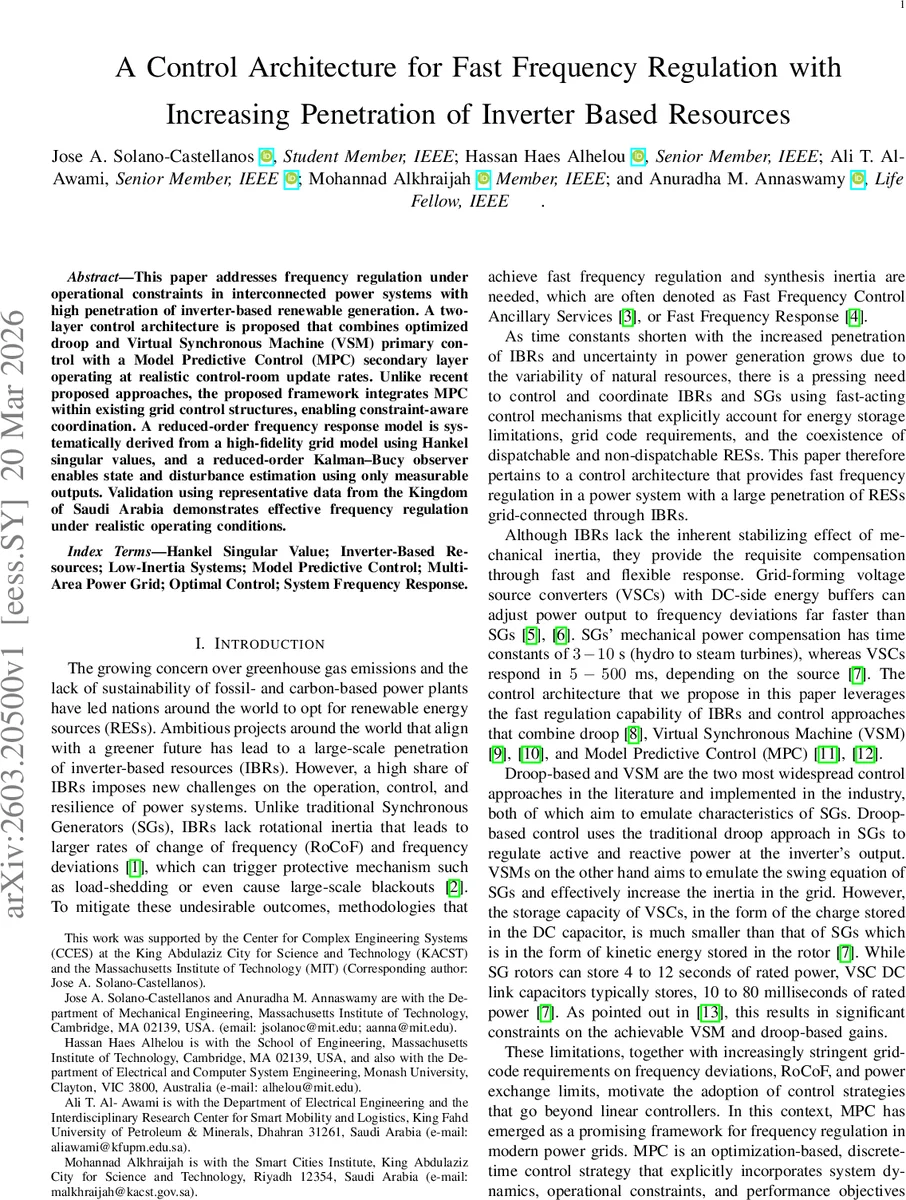 A Control Architecture for Fast Frequency Regulation with Increasing Penetration of Inverter Based Resources