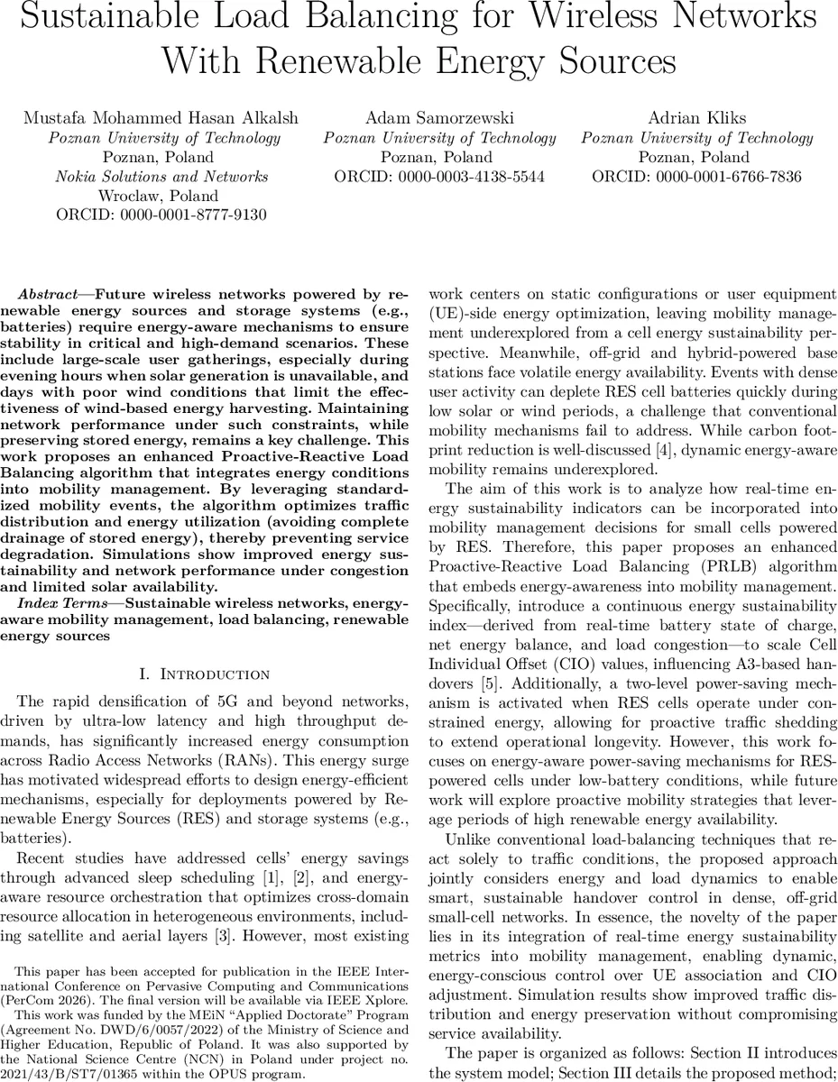 Sustainable Load Balancing for Wireless Networks With Renewable Energy Sources