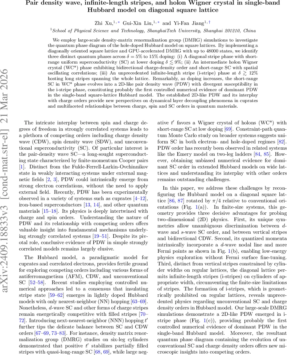 Pair density wave, infinite-length stripes, and holon Wigner crystal in single-band Hubbard model on diagonal square lattice