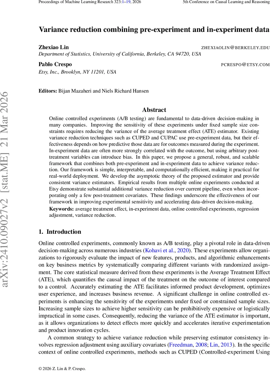 Variance reduction combining pre-experiment and in-experiment data