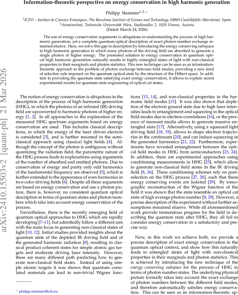Information-theoretic perspective on energy conservation in high harmonic generation