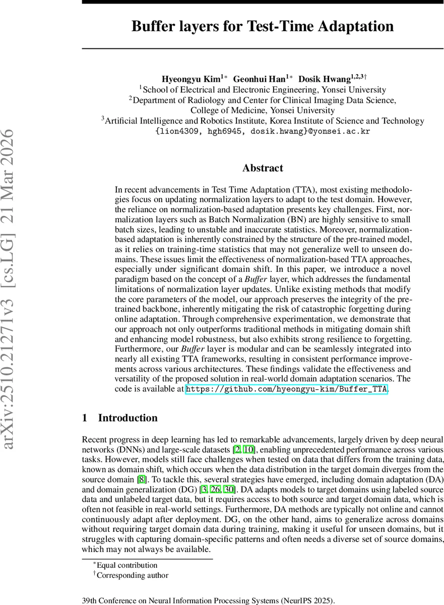 Buffer layers for Test-Time Adaptation