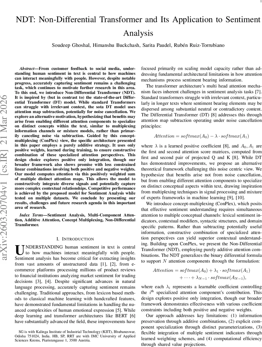 NDT: Non-Differential Transformer and Its Application to Sentiment Analysis