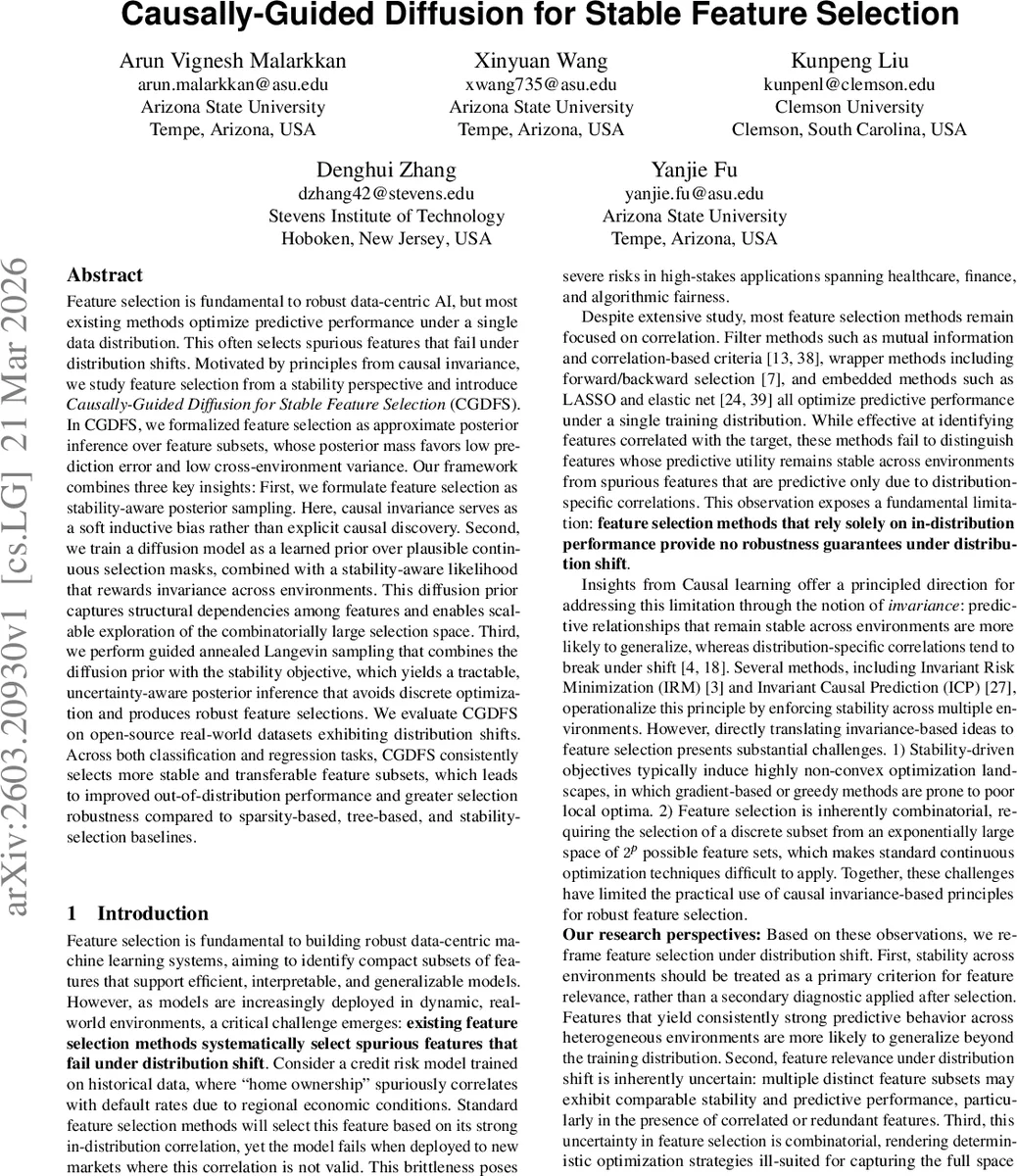 Causally-Guided Diffusion for Stable Feature Selection