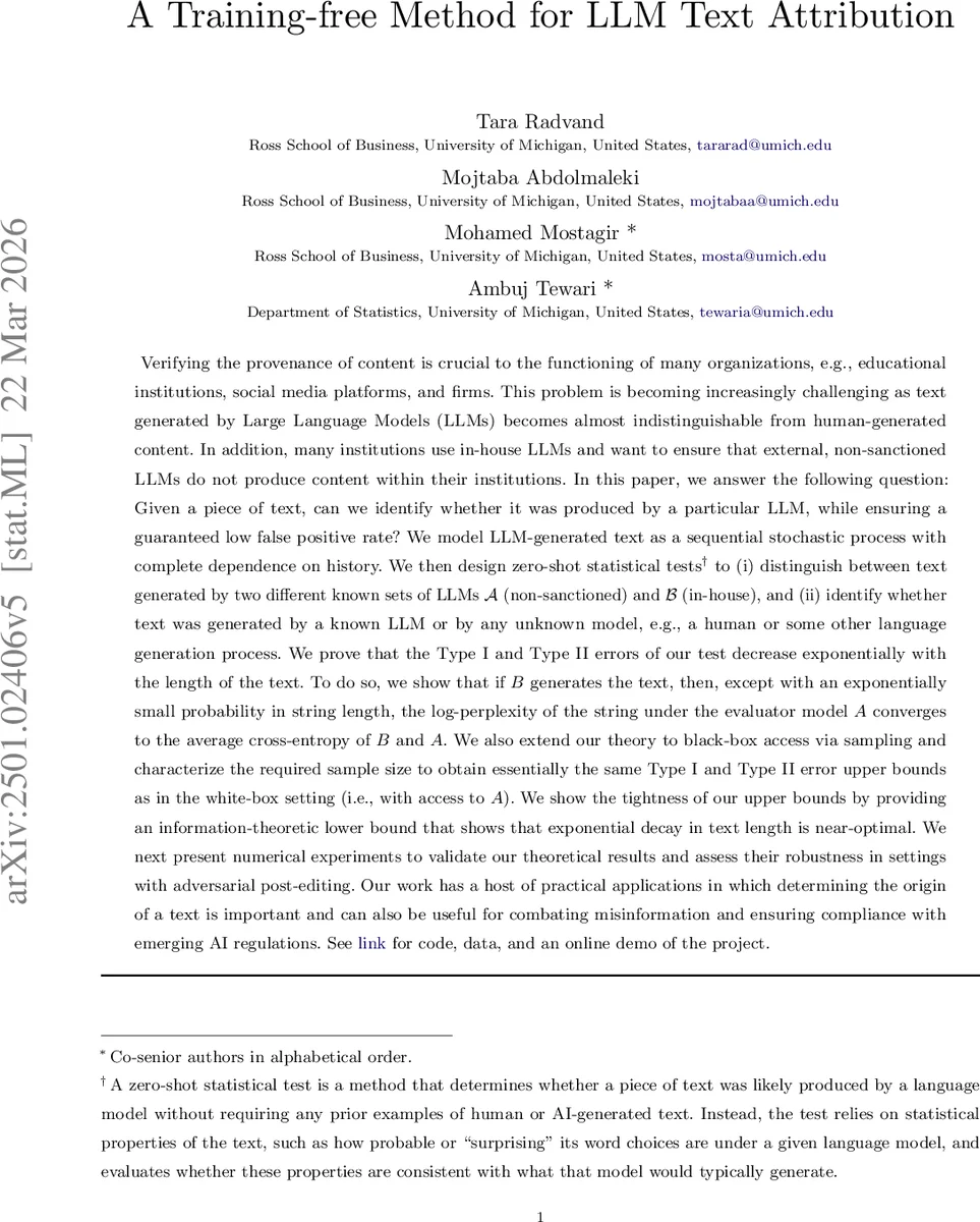 A Training-free Method for LLM Text Attribution