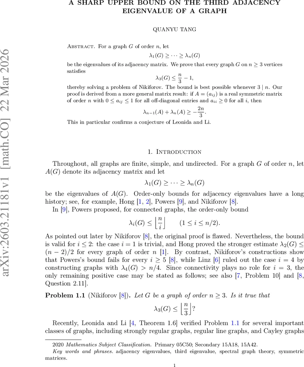 A sharp upper bound on the third adjacency eigenvalue of a graph