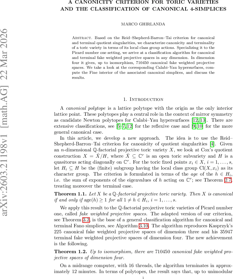 A canonicity criterion for toric varieties and the classification of canonical 4-simplices
