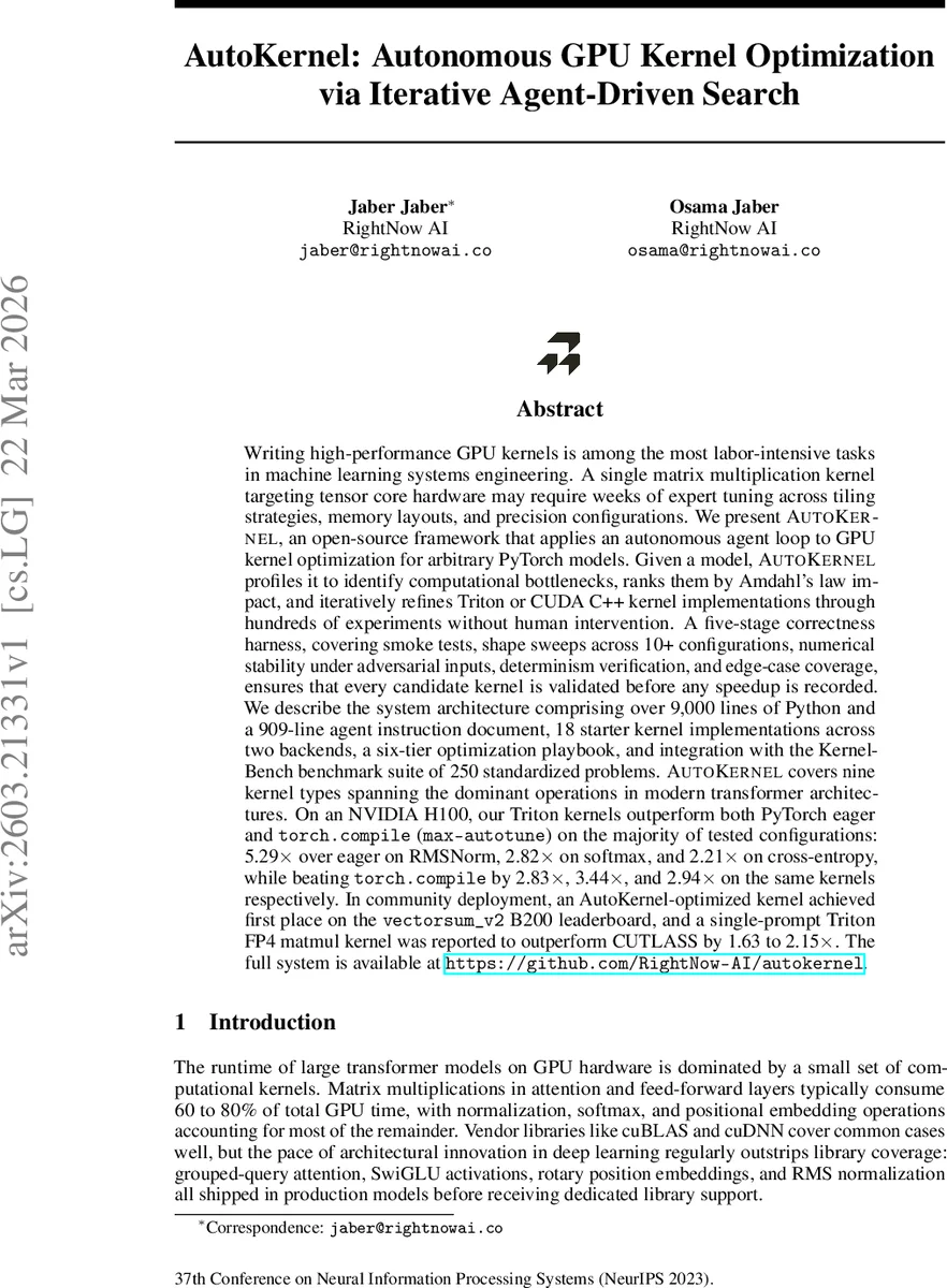 AutoKernel: Autonomous GPU Kernel Optimization via Iterative Agent-Driven Search